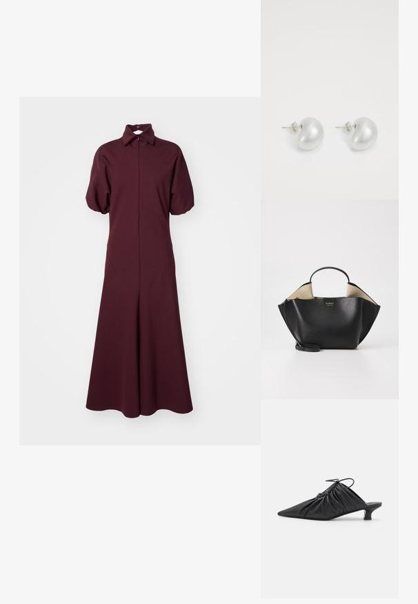 Burgundská dlouhá šaty s límečkovým výstřihem, krátkými nafouknutými rukávy a plnou sukní. Vyrobeno z hladké látky s mírným leskem.; Černé kožené slip-on mule s špičatou špicí, shromážděnou texturou a malým podpatkem. Vlastnosti zahrnují stahovací detail na otvoru.; Ree Projects ANN TOTE MINI - Kabelka - black; Stříbrné perlové naušnice v zakřiveném tvaru fazole. Hladký, lesklý povrch a zajištěné pomocí kolíčku a zajišťovacího uzávěru.
