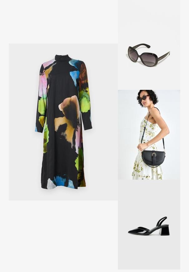 Långärmad svart klänning med ett livligt blommönster i rosa, blått, grönt och brunt. Hög halsdesign med en avslappnad passform och mjuk textur.; Svarta lackläder slingback klackar med spetsig tå och geometrisk klack. Har en elegant, minimalistisk design och slät yta.; Svarta solglasögon med överdimensionerade, rundade ramar. Linserna har en gradering från mörkt till ljust. Har en slät, glansig finish och subtila logotypsaccentueringar på bågarna.; Svart läderhandväska med en böjd form, avtagbar rem och guldiga detaljer. Väskan har ett lock med en spänndetalj.