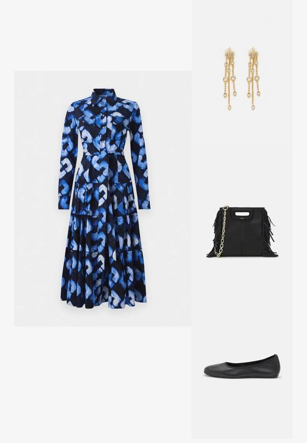 Zila kleita ar garām piedurknēm, ar apkakli, priekšpuses pogu aizdari un rakstainu audumu, kas sastāv no zilajiem un melnajiem toņiem, ar divām krūšu kabatām.; Melna ādas baleta kurpe ar noapaļotu purngalu, gludu tekstūru, minimālu šuvju detalizāciju un elastīgu zoles dizainu.; Melna ādas rokassoma ar frizūras detaļām, zelta ķēdes plecu siksnu un izgrieztu rokturi. Ir logotipa novietojums priekšpusē.; Zelta tonī auskari ar vairākiem kaskādes ķēdēm, kas rotāti ar caurspīdīgiem ovāliem rhinestone akcentiem un dekoratīvām pīrsingiem.