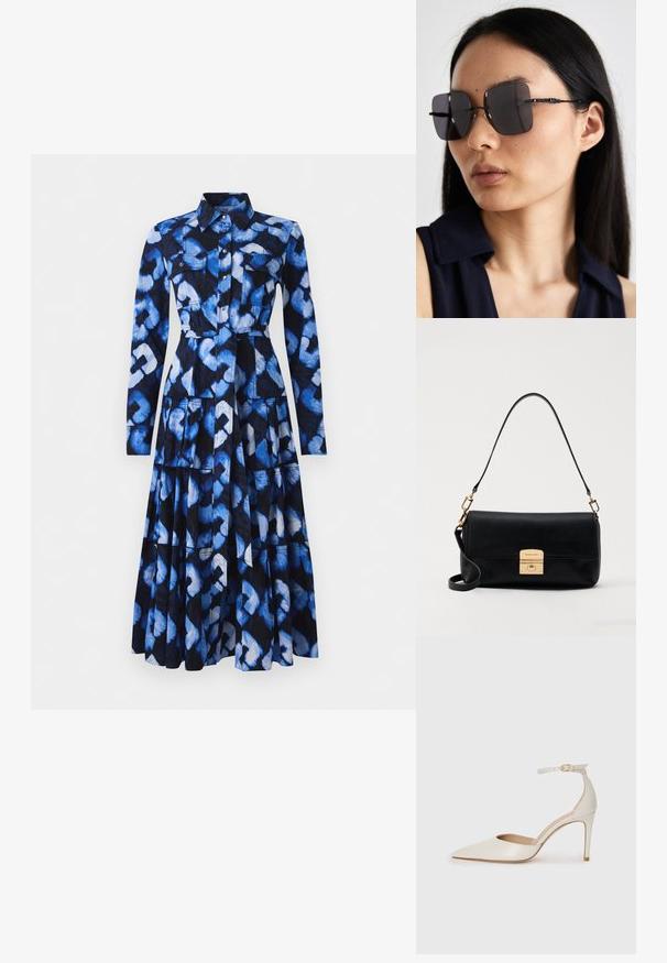 Abito blu con maniche lunghe, colletto, chiusura frontale con bottoni e tessuto a fantasia con tonalità di blu e nero, dotato di due tasche sul petto.; Scarpa col tacco alto in pelle bianca con punta affusolata, cinturino alla caviglia e tacco a stiletto sottile. Texture liscia con una finitura leggermente lucida.; Occhiali da sole neri oversize con lenti quadrate, sottili montature nere e dettagli decorativi lavorati sulle tempie. Indossati da una modella con lunghi capelli neri.; Borsa in pelle nera con una forma rettangolare piatta, hardware dorato e manico superiore. Presenta una chiusura a scatto e un dettaglio con il logo distintivo.