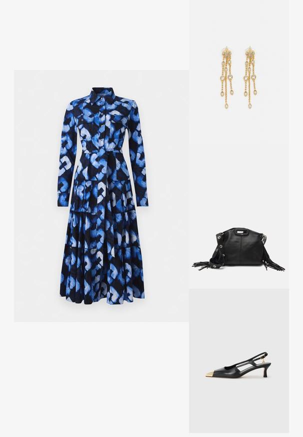 Modrá šaty s dlhými rukávmi, golierom, predným zapínaním na gombíky a vzorovanou tkaninou so odtieňmi modrej a čiernej, so dvoma náprsnými vreckami.; Čierna kožená slingback obuv s špicatou špičkou a zlatým kovovým krytom. Obsahuje vyrezávaný dizajn a štíhly podpätok s nastaviteľným popruhom.; Maje MISS MINI - Taška cez plece - noir; Zlaté náušnice s mnohými kaskádovými reťazcami, ozdobené jasnými oválnymi kryštálmi a dekoratívnymi puzdrami.