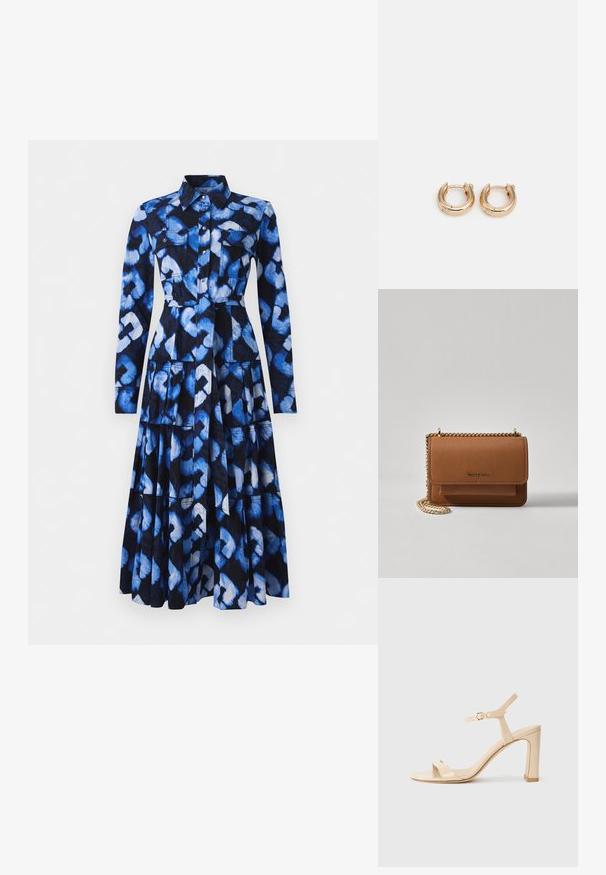 Mėlyna suknelė su ilgomis rankovėmis, apykakle, priekiniais mygtukais ir raštuota medžiaga, kurioje vyrauja mėlyna ir juoda spalvos, su dviem krūtinės kišenėmis.; Šviesiai rudos spalvos aukštakulniai sandalai su kulkšnies dirželiu ir auksiniu užsegimu, atvira nosimi ir blokuotu kulnu ant balto fono.; Ruda tekstūruota odinė per petį nešama rankinė su auksiniu grandininiu dirželiu ir užlenkiamo užsegimo. Priekinėje pusėje yra logotipo detalė ir kišenė po užlenkimu.; Auksiniai auskarai-žiedai su poliruota danga, pasižymintys storu, apvaliu dizainu ir saugiu uždarymo mechanizmu. Lygus paviršius ir blizganti išvaizda.