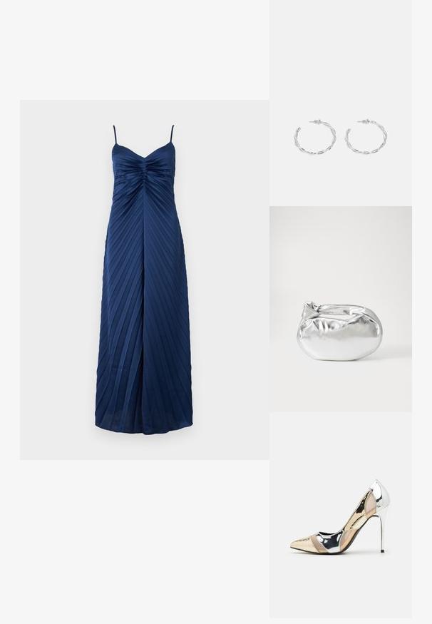Mornarsko plava saten haljina sa tanjim naramenicama, plisirana, prilagođena bodice i prednji razrez za dodatni detalj. Duga do poda.; Cipele s visokom potpeticom i špicastim vrhom u srebrnoj, zlatnoj i nude boji. Sjajan finiš s izrezbarenim dizajnom, s potpeticom u obliku stiletto.; Srebrna metalik torbica s mekim, zaobljenim oblikom i čvorastim zatvaranjem na vrhu. Izrađena od glatke sintetičke kože.; Srebrne naušnice s obručima i uvijenim dizajnom, s poliranim završetkom i pričvršćivanjem na stražnjoj strani. Mjere otprilike 3 cm u promjeru.