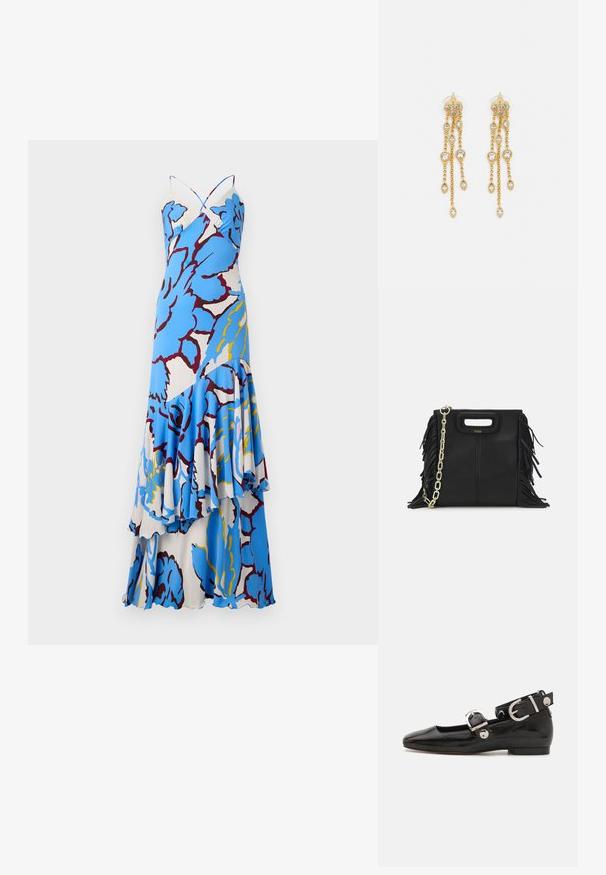 Kukallinen maxi-mekko, jossa on sinivalkoinen kuvio, kierretyt olkaimet ja kerrokselliset röyhelöt. Valmistettu kevyestä kankaasta, jossa on valuva muotoilu.; Musta patenttinahkainen tasapohjainen kenkä suoralla varvastyöllä, nilkkahihna hopeisilla yksityiskohdilla ja tasainen pohja. Sileä pinta ja minimalistinen muotoilu.; Musta nahkakäekott, millel on frantsiisidetailid, kuldne õlgade rihm ja lõikega käepide. Ees on logo paigutus.; Kultaketjua roikkuvat korvakorut, joissa on useita putoavia ketjuja, ja selkeitä ovaaleja rhinestone-akselteja sekä koristeelliset niittitoppaukset.