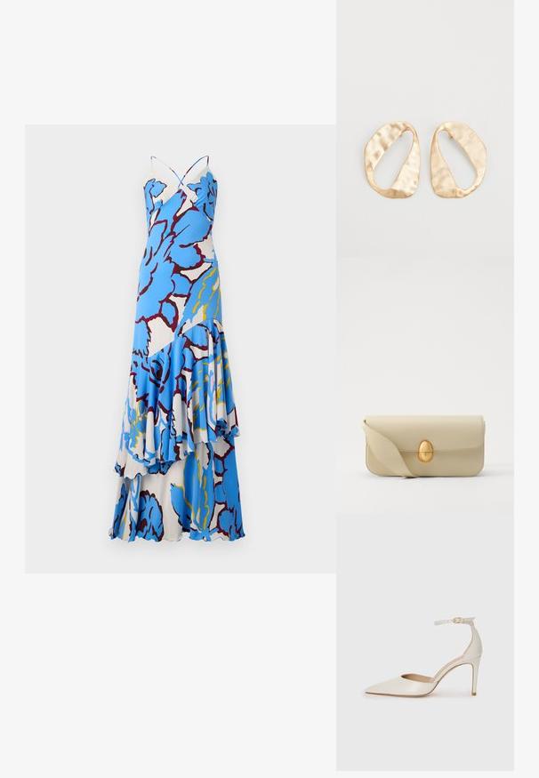 Rochie maxi florală cu un model alb și albastru, cu bretele răsucite și volane suprapuse. Fabricată dintr-un material ușor, cu un design fluid.; Pantofii înalți din piele albă, cu vârf ascuțit, curea la gleznă și toc subțire de tip stiletto. Textură netedă cu un finisaj subtil lucios.; Geantă de mână din piele bej, cu o textură netedă, formă rectangulară și un închizător oval auriu. Dispune de o curea lungă, ajustabilă.; O pereche de cercei din metal de culoare aurie, cu formă ovală neregulată, având o suprafață texturată, ușor ciocănită, pe un fundal alb.