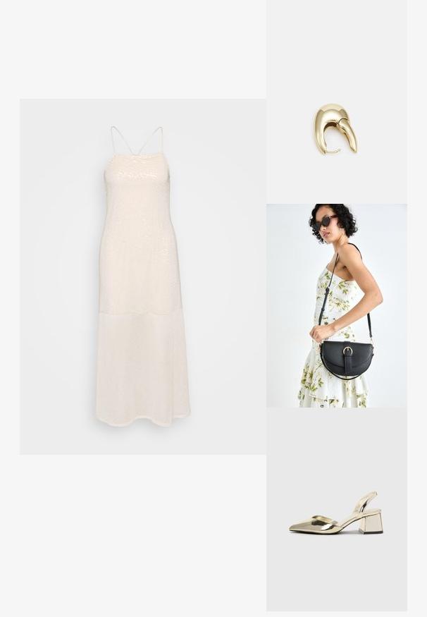 Kerge beež, põrandani ulatuv kleit, mis on valmistatud sisehtede kangast; omaduseks on õhukesed rihmad ja sirge siluett. Sile tekstuur kerge läikega.; Kuldne, metallilised slingback-kudumid terava varba ja paksu kontsaga. Sile tekstuur, minimalistlik disain ja kitsas rihm.; Mustmust mustraha kõverate joontega, eemaldatava rihmaga ja kuldsete detailidega. Kotil on klapp, millel on pandladetail.; Kuldtooni metallist kõrvarõngas, millel on elegantne ja kaarjas disain. Omab silmapaistvat teravat kuju, poleeritud pinda ja hingesulgemist.