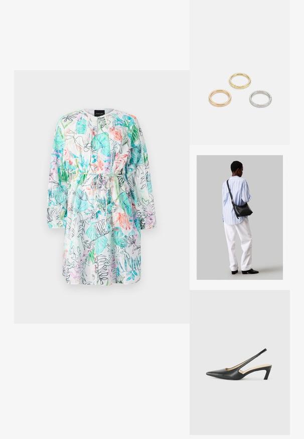 Kvetinové šaty s kombináciou zelených, ružových a modrých vzorov na bielom pozadí. Dlhé rukávy, pás na šnúrku, ľahký materiál.; Čierne slingback topánky s ostrou špičkou a nízkym opätkom, vyrobené z hladkej kože a s výrezmi na boku pre lepšiu priedušnosť.; Čierna kožená ramenná taška so mäkkou textúrou, trojuholníkovým tvarom a nastaviteľným popruhom, skombinovaná s svetlomodrou pruhovanou košeľou a bielymi nohavicami.; Triumf kovových prsteňov: jeden v ružovom zlate, jeden zlatý s textúrovanými akcentmi a jeden strieborný, všetky s gravírovaným logom na vnútornej strane.
