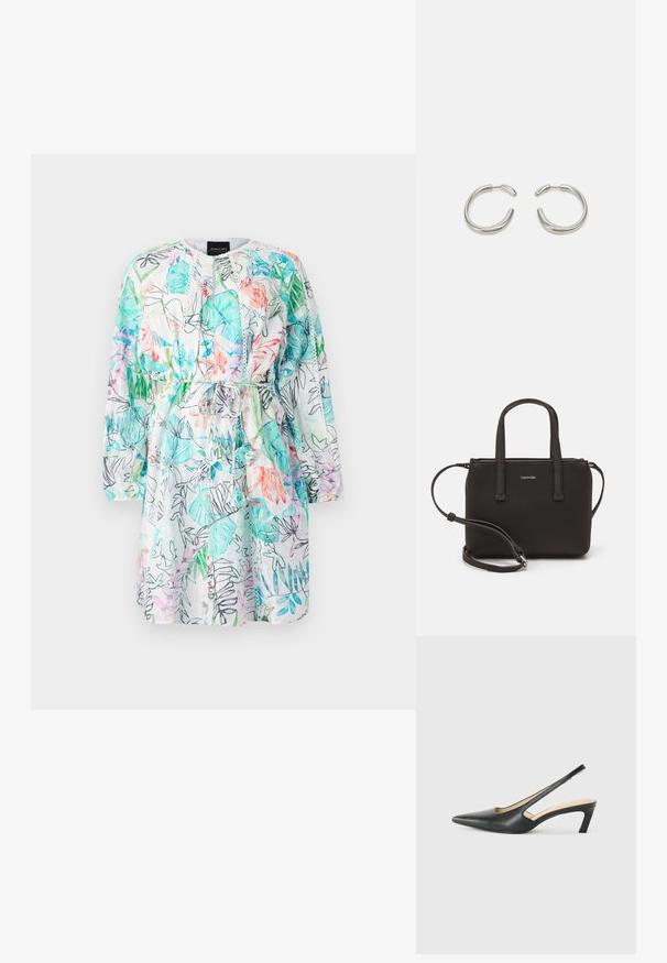 Gėlių suknelė, turinti žalių, rožinių ir mėlynų raštų mišinį ant baltos fono. Ilgos rankovės, su raišteliu reguliuojama juosmens linija, lengvas audinys.; Juodas smailus slingback batelis su žemu kulnu, pagamintas iš lygaus odos paviršiaus ir su išpjovomis šone, užtikrinančiomis oro pralaidumą.; Juoda rankinė su dviem trumpais rankenėlėmis ir nuimamu petį. Lygaus odos tipo medžiaga su užtrauktuku ir logotipo detale.; Sidabrinės auskarai žiedai su lygiu, suapvalintu dizainu ir blizgiu paviršiumi. Turi minimalistišką formą su nedideliu atidarymu.