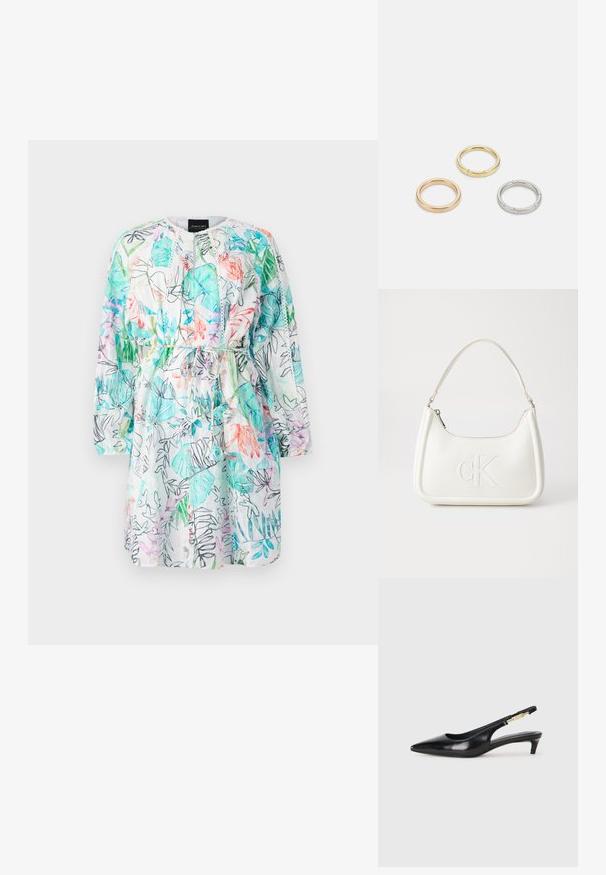 Blumenkleid mit einer Mischung aus grünen, rosafarbenen und blauen Mustern auf einem weißen Hintergrund. Lange Ärmel, Kordelzug in der Taille, leichtes Material.; Schwarze Leder-Slingback-Pumps mit spitzem Schuhblatt, ausgestattet mit einem schlanken Absatz und einem goldfarbigen Akzent am verstellbaren Riemen. Glatte Textur.; Weiße Lederhandtasche mit abgerundeter Form, ausgestattet mit einem geprägten "CK"-Logo auf der Vorderseite und einem Einzel-Schultergurt. Reißverschluss oben.; Drei Metallringe: einer in Roségold, einer aus Gold mit strukturierten Akzenten und einer aus Silber, alle mit graviertem Branding auf dem inneren Band.