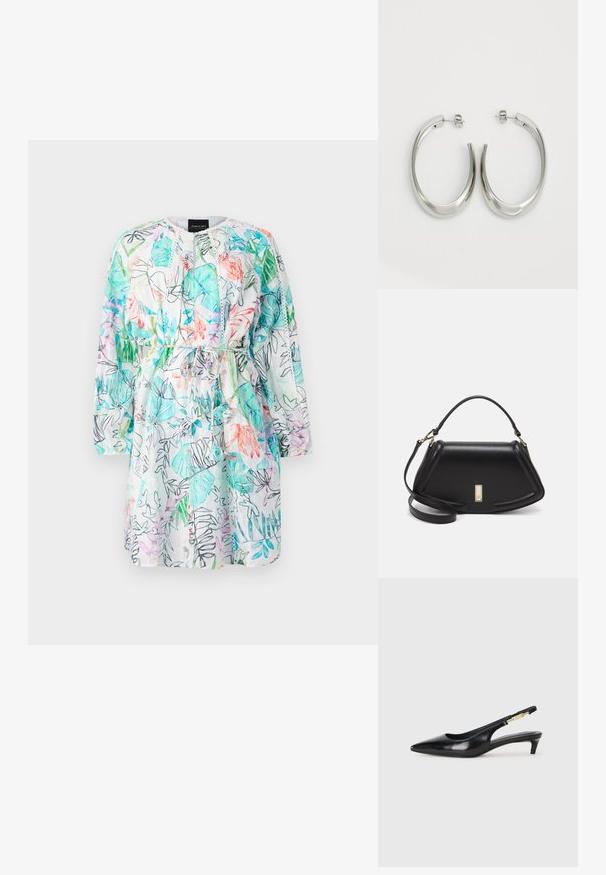 Abito floreale con una combinazione di motivi verdi, rosa e blu su sfondo bianco. Maniche lunghe, vita con coulisse, tessuto leggero.; Tacchi slingback in pelle nera con punta affusolata, caratterizzati da un tacco alto e un accento dorato sulla cinghia regolabile. Texture liscia.; Borsa a mano in pelle nera con un design strutturato, caratterizzata da una forma corta, manico superiore e accessori in metallo dorato. Inclusa tracolla regolabile.; Orecchini a cerchio argentati con un design liscio e curvo. Presentano una finitura metallica lucida e una chiusura a perno. Nessun motivo o accentuazione visibile.
