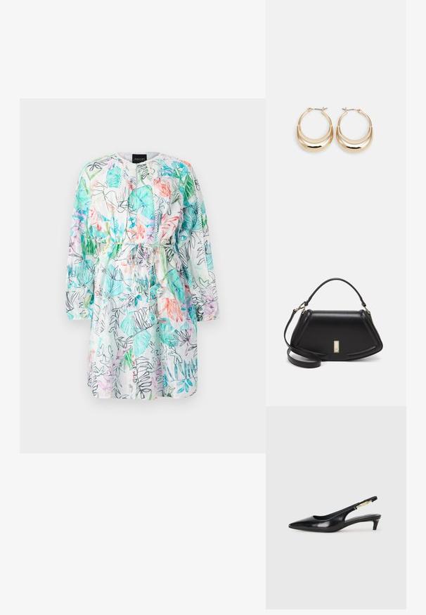 Blomsterkjole med et miks av grønne, rosa og blå mønstre på en hvit bakgrunn. Lange ermer, snøring i midjen, lett stoff.; Sorte lærreim hæler med spiss tå, som har en slank hæl og en gullfarget detalj på den justerbare stroppen. Glatt tekstur.; Sort lærveske med en strukturert design, som har en avkortet form, topphåndtak og detaljer i gull. Justerbar skulderstropp inkludert.; Gulltonede hoop-øreringen med en halvmåneform, polert overflate og hengsel-lukking. Glatt tekstur og reflekterende finish øker synligheten.