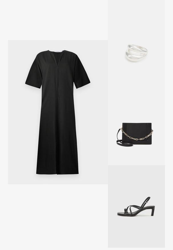 Črna obleka z udobnim krojem, kratkimi rokavi, V-izrezom in sprednjo zadrgo. Izdelana iz gladkega blaga s krojem do kolen.; Črne natikače s trakovi in kvadratnim prstom ter nizkim blokastim peto. Imajo več tankih trakov in nastavljiv trak okoli gležnja. Narejene so iz gladkega usnja.; Črna usnjena torba čez ramo z gladko teksturo, pravokotno obliko in kovinskim verižnim detajlom spredaj. Vključena je nastavljiva naramnica.; Srebrn dvojni prstan z gladko, polirano površino. Ima tekoč, ukrivljen dizajn z prekrivajočimi se sekcijami za sodoben videz.