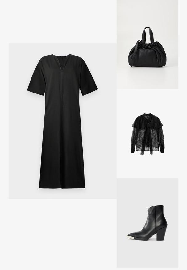 Rochie neagră cu croială lejeră, mâneci scurte, decolteu în V și fermoar frontal. Confecționată dintr-un material neted, cu lungime până la genunchi.; Bluza neagră din dantelă cu fundă în față, mâneci lungi cu mansete strânse și guler stratificat, creând un design texturat și semi-transparent.; Botină de piele neagră până la gleznă, cu vârf ascuțit, toc înalt tip bloc și detaliu cu capac metalic argintiu. Textură netedă și design simplu.; Geantă de mână din piele neagră cu un design cu partea superioară plisată, având două mânere scurte și o curea lungă ajustabilă. Textură netedă, formă rotunjită.