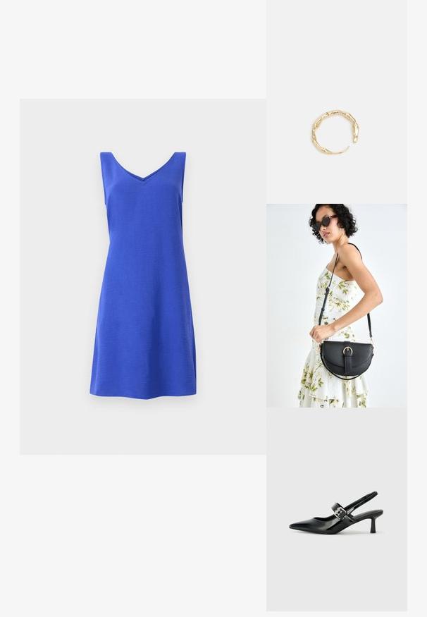 Plava haljina bez rukava s V-izrezom, A-linija kroja i teksturiranom tkaninom. Bez izraženih uzoraka ili akcenata. Minimalistički dizajn.; Crne lakirane slingback potpetice s oštrim prstom i malom blok petom, s naglaskom na srebrnoj kopči na remenu.; Crna kožna torba s lukovitim oblikom, odvojivim remenom i zlatnim detaljima. Torba ima preklop s kopčom.; Prsten u zlatnoj nijansi s organskim, uvijenim dizajnom, glatkom teksturom i suženim krajevima, koji stvara moderan, skulpturalni izgled.
