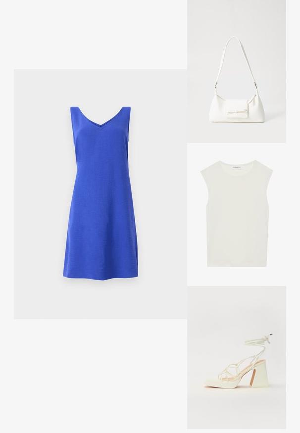 Rochie albastră fără mâneci, cu decolteu în V, formă A-line și țesătură texturată. Fără modele distincte sau accente. Design minimalist.; Top alb fără mâneci, cu decolteu rotund. Fabricat dintr-un material neted, prezintă o croială lejeră și un design minimalist. Fără modele sau accente.; Sandale albe cu toc înalt și gros, cu un design cu curele și legătură la gleznă. Textură netedă, cu o platformă frontală pentru înălțime suplimentară.; Geantă sintetică albă, cu formă triangulară, capac frontal plat și detaliu cu fundă, curea ajustabilă, textură netedă și design minimalist.