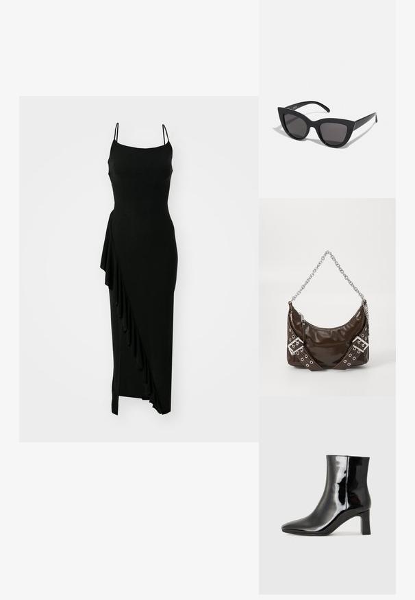 Melnā bezpiedurkņu kleita ar pieguļošu augšdaļu, asimetrisku volānu detaļu vienā pusē un garu, gludu siluetu. Izgatavota no elastīga materiāla.; Melnas patentētas ādas potīšu zābaki ar norādītu pirkstu un vidēja augstuma kvadrātveida papēdi. Gluda tekstūra un minimālisma dizains.; Melnas kaķa acs saulesbrilles ar matētu apdari, ar pelēkiem tonētiem stikliem, izteiktiem stūriem un elegantiem sānu rokturiem. Zīmola nosaukums redzams uz iekšējā roktura.; Tumši brūns laku ādas rokas soma ar sudraba ķēdes siksnu, dekoratīviem dubultiem jostām un rāvējslēdzēja aizdari.