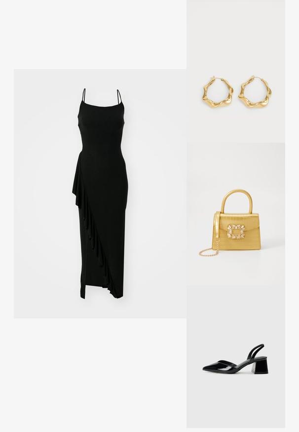 Fekete ujjatlan ruha, testhezálló felső résszel, aszimmetrikus fodorral az egyik oldalon és hosszú, sima sziluettel. Rugalmasságot biztosító anyagból készült.; Fekete lakk bőr szandálkés magas sarkú cipő, hegyes orral és geometrikus tömbsarkakkal. Karcsú, minimalista dizájn és sima textúra jellemzi.; Sárga műbőr krokodil mintás kézitáska strukturált kialakítással, felső fogantyúval, leválasztható lánccal és díszes kristály díszítéssel a záron.; Arany fülbevalók hullámos, texturált formával. Finom drótzárral rendelkezik, és fényes, tükröződő felülete van.