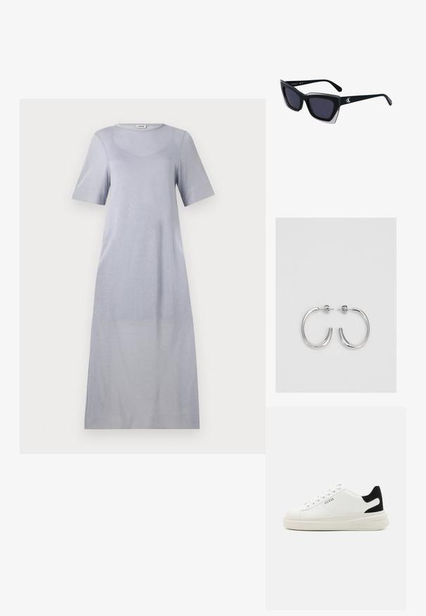 Απαλό γκρι, κοντομάνικο, μίνι φόρεμα κατασκευασμένο από μαλακό ύφασμα με λεία υφή και στρογγυλή λαιμόκοψη, με χαλαρή εφαρμογή.; Λευκά δερμάτινα αθλητικά παπούτσια με χοντρή λευκή σόλα, μαύρη σουέτ λεπτομέρεια στην φτέρνα και ανάγλυφο λογότυπο στο πλάι. Σχέδιο με κορδόνια και έξι θηλιές.; Μαύρα υπερμεγέθη γυαλιά ηλίου με γεωμετρικό σχήμα, διαθέτοντας σκούρους φακούς και αντίθεση γκρίζα λεπτομέρεια στη σκελετό. Λογότυπο στον βραχίονα.; Ασημένια σκουλαρίκια κρίκοι με λεία, λαμπερή φινίρισμα. Στρογγυλό σχήμα, ελαφρύ σχέδιο, με κλείσιμο τύπου πίσω.