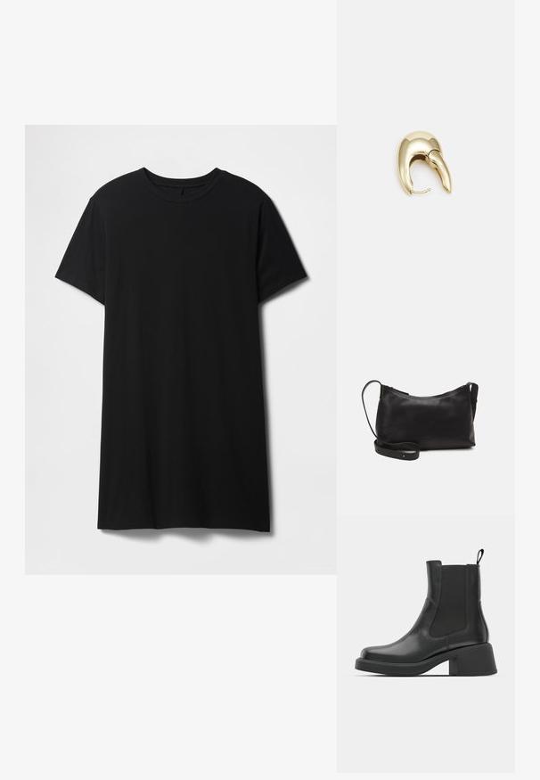 Črna kratka majica s kratkimi rokavi iz bombaža, z klasičnim okroglim izrezom in ravnim robom, z gladko, mat teksturo.; Črne usnjene gležnjarje z elastičnimi stranskimi paneli, zaobljenim nosom in masivnim blokastim peto. Gladka tekstura z minimalističnim dizajnom.; Črna usnjena torba čez ramo z gladko teksturo, ukrivljeno obliko, nastavljivim trakom in zadrgo. Minimalističen dizajn brez okrasnih detajlov.; Uhane nakit iz zlatastega tona z gladko, ukrivljeno zasnovo. Ima edinstveno koničasto obliko, polirano površino in zaponko s tečajem.