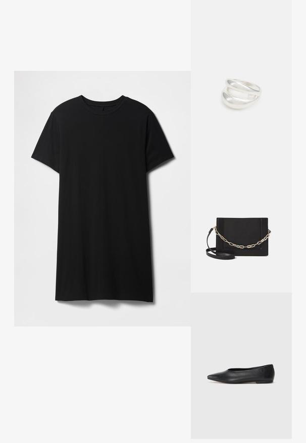 Juoda trumpomis rankovėmis medvilninė marškinėlių su klasikiniu apvaliu kaklu ir tiesia apačia, su lygiu, matinio paviršiaus tekstūra.; Juodas odinis baleto batas, su smailiu pirštu, minimalistinio dizaino, lygiu paviršiumi, žemo profilio kulnu, be matomos aparatūros ar papuošimų.; Juodas odinis per petį nešiojamas krepšys turi lygų paviršių, stačiakampio formą ir metalinę grandinėlę priekyje. Pridedama reguliuojama dirželis.; Sidabrinis dvigubas žiedas su lygiu, poliruotu paviršiumi. Pasižymi sklandžiu, kreiptu dizainu su persipinančiomis dalimis, suteikiančiomis modernų išvaizdą.