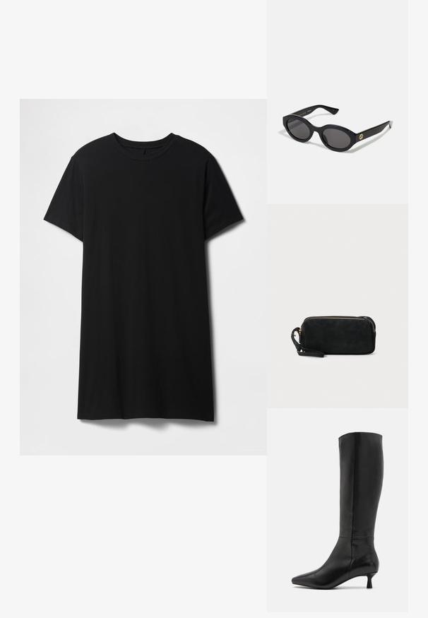 Schwarzes T-Shirt mit kurzen Ärmeln aus Baumwolle, mit klassischem Rundhalsausschnitt und geradem Saum, mit einer glatten, matten Textur.; Zign Stiefel - black; Schwarze ovale Sonnenbrille mit dunklen Gläsern und glänzendem Kunststoffrahmen. Mit goldenem Logo am Bügel, das ein elegantes und modernes Design bietet.; Schwarze Wildleder-Clutch mit einem Reißverschluss und abnehmbarem Handgelenkband. Verfügt über goldfarbene Hardware und eine glatte, matte Oberfläche.