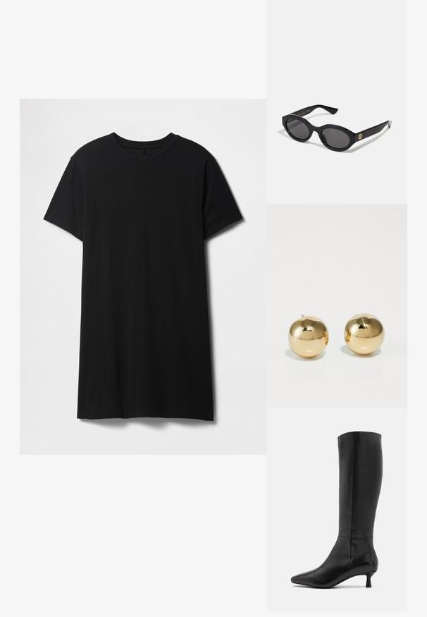 T-shirt nera a maniche corte in cotone, con classico collo tondo e orlo diritto, caratterizzata da una texture liscia e opaca.; Zign Stivali alti - black; Occhiali da sole neri a forma ovale con lenti scure e montatura in plastica lucida. Presentano un logo dorato sulla stanghetta, offrendo un design elegante e moderno.; Orecchini a perno sferici in oro con finitura lucida e piccolo perno. Presentano una superficie liscia e riflettente.