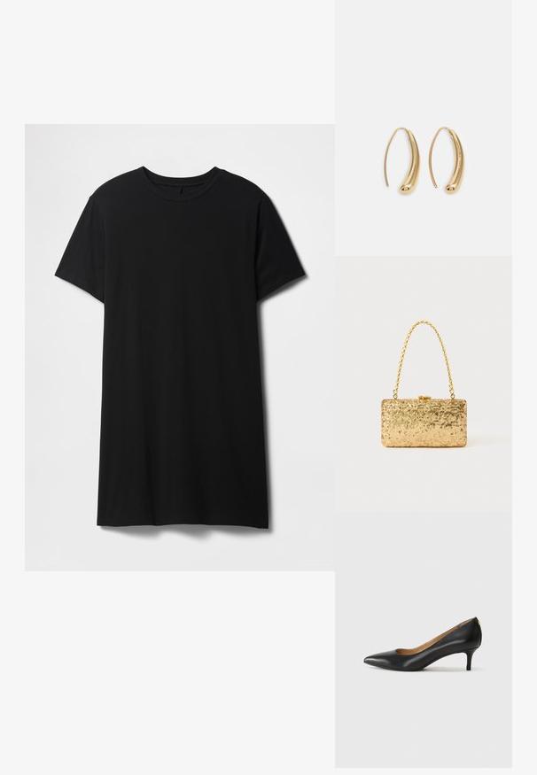 T-shirt preta de manga curta feita de algodão, com um design clássico de gola redonda e uma barra reta, com uma textura lisa e mate.; Sapato de salto alto em pele preta com bico fino, salto baixo e textura suave. Apresenta uma ligeira abertura na parte da frente e mínima ferragem na parte de trás.; Clutch dourada em lantejoulas com formato retangular, apresentando uma alça de corrente torcida e um fecho de metal, refletindo a luz com um acabamento texturizado.; Brincos em metal dourado com forma de arco alongado e curvado. Apresentam uma superfície lisa e brilhante, com uma ponta arredondada para um detalhe adicional.