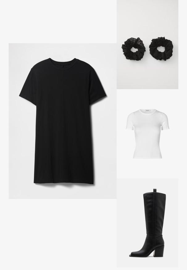Mustast puuvillast lühikeste varrukatega T-särk, millel on klassikaline ümar kaelus ja sirge hem, sile ja matt tekstuur.; Valge lühikeste varrukatega T-särk, mis on valmistatud ribakujulisest puuvillast. Kintsu lähedane disain, ümmargune kaelus ja sile tekstuur. Ilma mustrite ja kaunistusteta.; Mustad mustekat kummikud, millel on ruudukujuline varvas, kitsenev konts ja vertikaalne õmbluse detail välispuudel. Sile tekstuur.; Must have rõngad, mis on valmistatud mustast kangast, millel on narmaste tekstuur ja augulised mustrid. Kaks suurust, mõlemad pehmed ja õrnade viimistlustega.