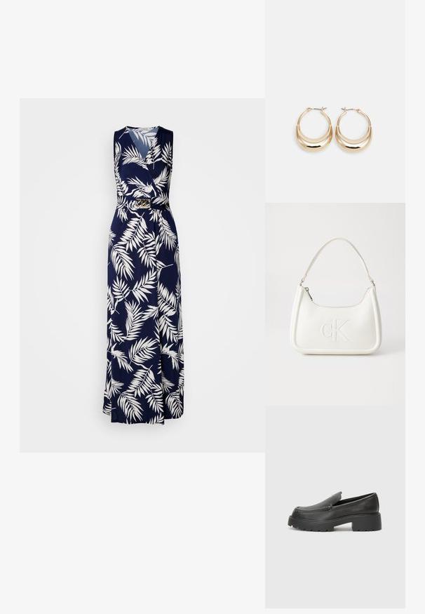 Navy maxi ruha fehér levélmintával, ujjatlan kivitelben, övvel a derékon, arany tónusú csattal, könnyű anyagból készítve.; Fekete bőr loafer cipők kerek orral, vastag, texturált talppal és minimális varrási részletekkel. Áramvonalas dizájn, látható fűzők vagy fém részek nélkül.; Fehér bőrtáska ívelt formájú, elöl feltűnő "CK" logóval, egyetlen vállpánttal. Cipzáras zárás a tetején.; Aranyszínű, félhold alakú fülbevalók, polírozott felülettel és zsanéros záródással. A sima textúra és a fényes felület fokozza a láthatóságot.