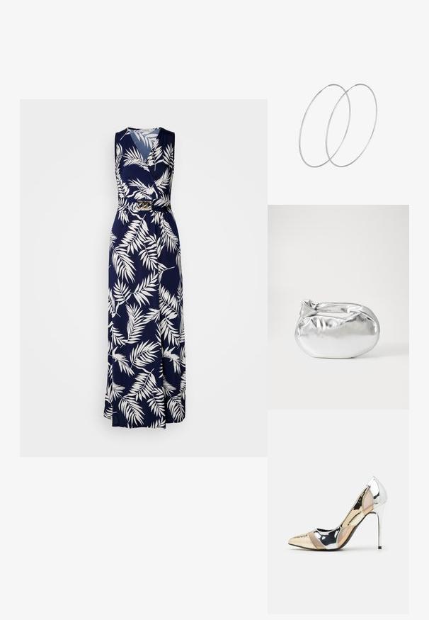 Námornícky maxi šaty s bielym vzorom listov, bezrukávový dizajn a pásik s zlatým prackou, vyrobené z ľahkého materiálu.; Lodičky s špičatou špičkou v striebornom, zlatom a telovom farebnom prevedení. Lesklý povrch s výrezovým dizajnom, s ihlovým opätkom.; Strieborná metalická taška s mäkkým, zaobleným tvarom a uzáverom s uzlíkom. Vyrobená z hladkej syntetickej kože.; Strieborné kruhové náušnice s minimalistickým dizajnom. Cirkulárny tvar, hladký povrch a tenký profil. Ľahké s lesklým povrchom.