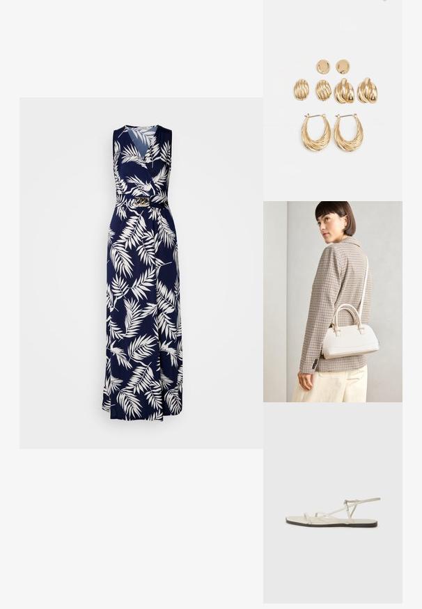 Marineblå maxi-kjole med hvitt bladmønster, uten ermer, og belte i midjen med gullfarget spenne, laget av lett stoff.; Beige flate sandal med flere slanke stropper og en justerbar spenne. Sålen er flat med en svak mørk kontrast langs kanten.; Hvit strukturert håndveske med korte håndtak og skulderreim, med detaljer i gullfinish og teksturert materiale, vist mot en grå bakgrunn.; Øreringer i gullfarge med tre par: teksturerte ovale studs, bølgete design-studs, og store hoops med lagdelte kanter.