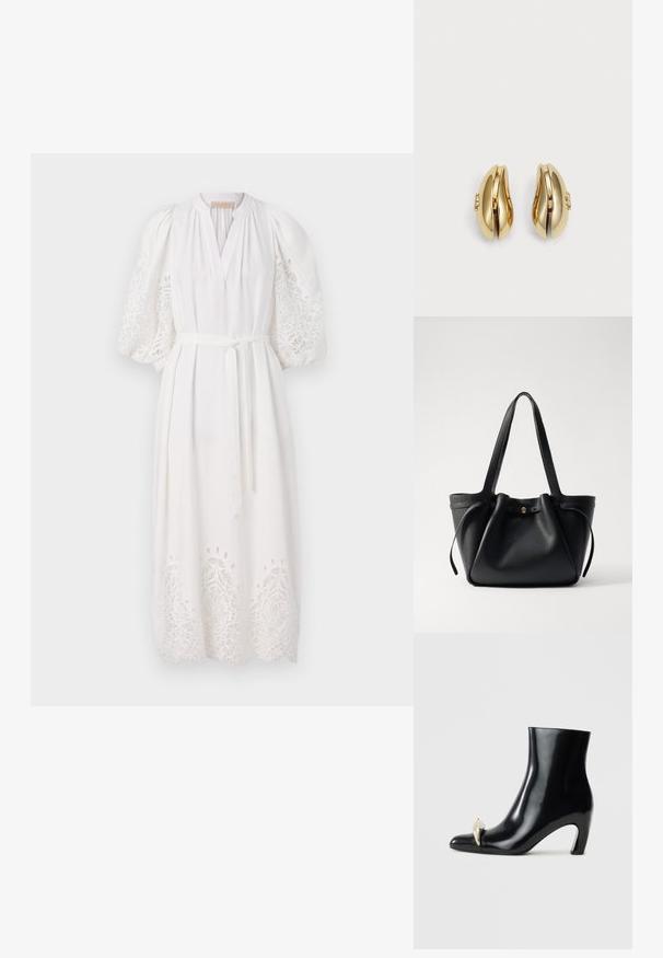 Vanessa Bruno CANESSA - Dnevna obleka - blanc; Črne gležnjarje iz sijajnega usnja, s koničastim nosom in dekorativnim zlatim ter srebrnim detajlom spredaj. Oblika bloka pete.; Črna usnjena torba s dolgima ročajema, z nabranim vrhom in zlatim okroglim dodatkom. Gladka tekstura s minimalističnim oblikovanjem.; Zlato tonirane uhane s površjem, ki se lepo vije. Vsak uhane ima gladko površino in majhno zaponko z dekorativnim detajlom.