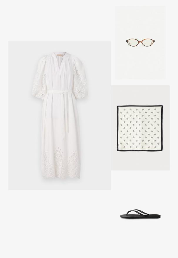 Vanessa Bruno CANESSA - Vapaa-ajan mekko - blanc; Mustat flip-flopit, joissa on röpelöinen kumipohja, kaksi hoikkaa remmiä ja hillitty, kohokuvioitu logotyyli remmissä.; Kilpikonnakuosiset silmälasit, joissa on soikeat linssit ja tyylikäs, sileä pinta. Ominaisuudet: ohuet sivut, joissa on hienovarainen kaari temppeleissä. Kirkkaat linssit.; Valkoinen silkkihuivi, jossa on toistuva musta geometrinen kuvio, reunustettu tummalla mustalla reunalla. Kevyt ja sileä rakenne.