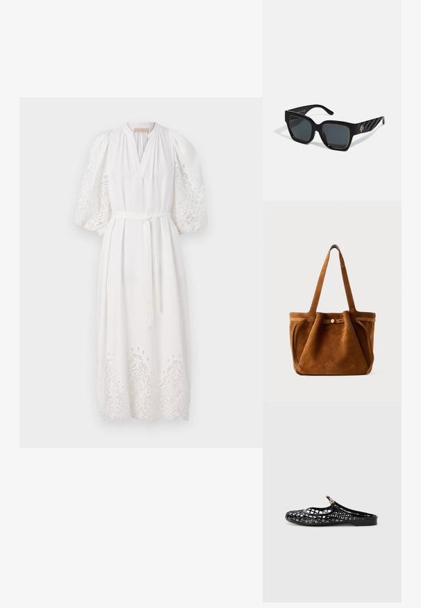 Vanessa Bruno CANESSA - Dienas kleita - blanc; Tory Burch MELLOW MARY JANE - Iešļūcenes - perfect black/gold; Tory Burch Saulesbrilles - black; Brūns zamšs tote soma ar divām roktēm, pogu aizdari un brīvu, nedaudz izplūdušu formu.