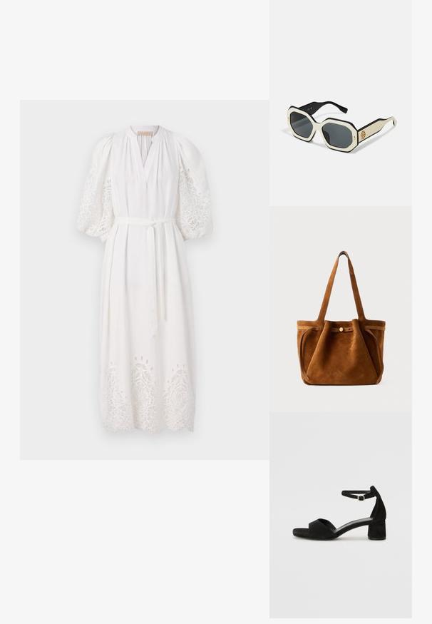 Vanessa Bruno CANESSA - Päevakleit - blanc; Mustad nahast kontsad avatud varvastega, millel on õhuke pahkluu rihm ja tagasihoidlik plokkkonts. Sile tekstuur ja minimaalsed aksessuaarid.; Kuuled prillid oktaalaanilise valge raami, mustade servade ja hallide läätsedega. Külgedel oleva kuldse logo detailiga lisandub eristav aktsent.; Pruun nahast kott kahe käepidamega, nuppude sulgemise rihmaga ja lõdva, veidi langetatud kujuga.