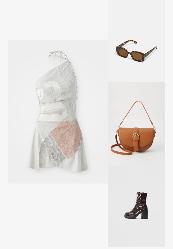 O vestido assimétrico apresenta um tecido cinza com um design em patchwork, incluindo detalhes em renda branca e rosa pálido, e um grande número 26 em branco.; Bota de tornozelo burgundy brilhante com um salto preto robusto, apresentando uma textura suave e um design simples. Sem fechos ou padrões visíveis.; Óculos de sol tartaruga com uma armação redonda e robusta e lentes castanhas. Apresenta padrões subtis e hastes direitas e afinadas.; Bolsa transversal de couro castanho com um formato curvado, ferragens douradas e um detalhe de fivela. Inclui uma alça de ombro destacável.