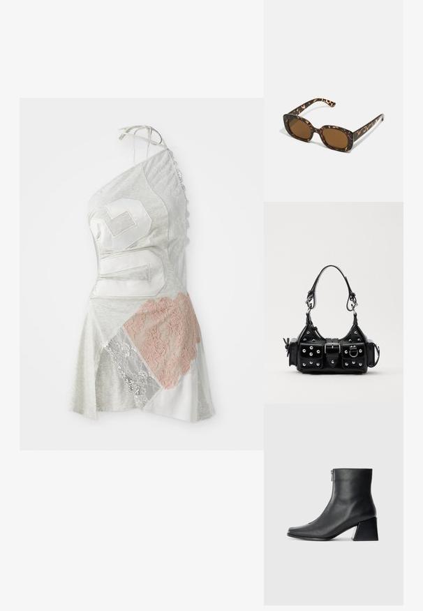 Asymmetrical dress features gray fabric with patchwork design, including white and pale pink lace accents, and a large white number 26.; Black leather ankle boot with square toe, side zipper, and block heel against plain light background.; Tortoiseshell sunglasses with a rounded, chunky frame and brown lenses. Features subtle patterns and straight, tapered arms.; Black leather handbag with a curved design, featuring silver studs, a buckle, and two side pockets. Adjustable strap for carrying options.