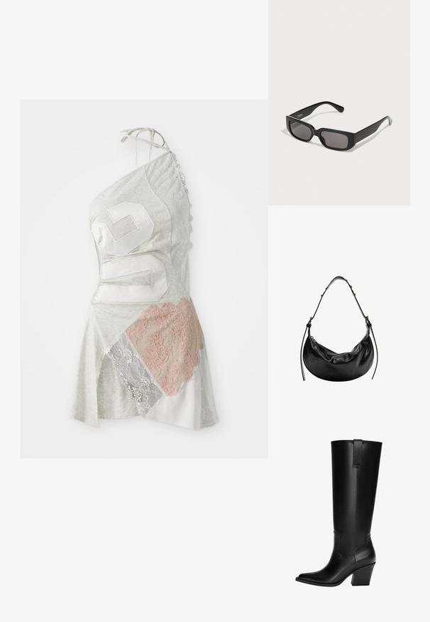 Asimetrična haljina se sastoji od sive tkanine s patchwork dizajnom, uključujući bele i svetloružičaste čipkaste detalje, kao i veliki beli broj 26.; Crne kožne čizme do koljena s izdignutim vrhom, blok petom i detaljem šava sa strane. Uključuje stražnji čep za lakše obuvanje.; Crne pravokutne sunčane naočale s lećama u sivoj nijansi, izrađene od glatke plastike. Imaju minimalistički dizajn s ravnim krakovima i diskretnim brendiranjem.; Crna kožna torbica u obliku polumjeseca, glatke teksture, s podesivim remenom i suptilnim metalnim detaljima. Vidljivo zatvaranje na patentni zatvarač.