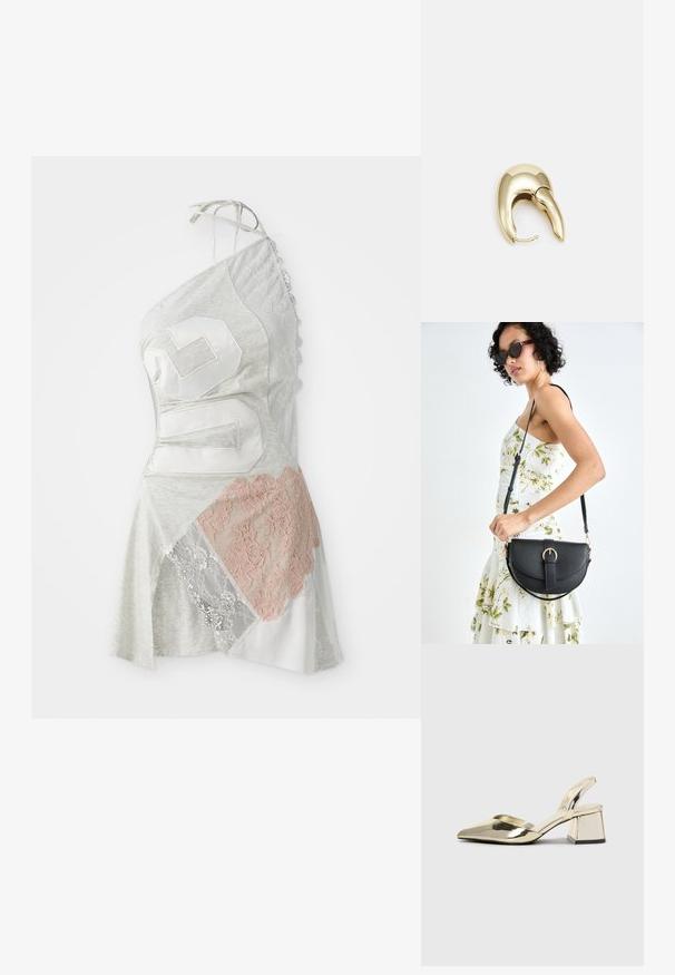 Asimetriškas suknelei įrengta pilka medžiaga su mišriu dizainu, įskaitant baltus ir šviesiai rožinius nėrinius, bei dideliu baltu skaičiumi 26.; Auksiniai, metaliniai slingback aukštakulniai bateliai su smailiu pirštu ir masyviu kulnu. Lygus paviršius, minimalizmo dizainas ir siaura juostelė.; Juodas odinis krepšys su išlenkta forma, nuimamu dirželiu ir auksiniais detalėmis. Krepšys turi kilpą su sagtimi.; Aukso tono metalinės auskarai su stilingu, kreiviu dizainu. Išsiskiria ryškiu smailiu pavidalu, poliruota paviršiumi ir užsegimu su vyriu.