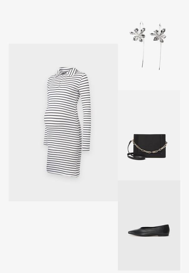 Svītrots māmiņu kleita ar garām piedurknēm, ar apkakles dekoltē, izgatavota no baltas auduma ar tumši zilu horizontālu svītru rakstu un ribotu tekstūru.; Melna ādas baleta kurpe, ar norādītu purngalu, minimālisma dizains, gluda tekstūra, zema papēža augstums, bez redzamiem aksesuāriem vai rotājumiem.; Melna ādas crossbody soma ar gludu faktūru, taisnstūrveida formu un metalizētu ķēdes detaļu priekšā. Iekļauta regulējama siksna.; Sudraba zieda formas auskari ar teksturētu apdari, ar garām uzkarsējošām daļām un ziedlapiņām līdzīgām detaļām, veidojot sarežģītu dizainu.