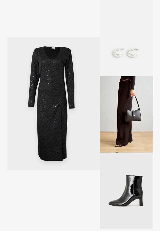 Crna haljina dugih rukava s V-izrezom, s teksturiranim valovitim uzorkom i suptilnim sjajem. Dužine do gležnjeva s bočnim prorezom za lako kretanje.; Crne lakirane kožne gležnjače s šiljastim prstom i srednje visokom blok petom. Glatka tekstura i minimalistički dizajn.; Crna torba s oblikom koji sadrži strukturu, glađu teksturu i metalnu kopču. Uparena s širokim crnim hlačama i sandalama na otvorenom s drvenog poda.; Srebrne naušnice u dizajnu uvrnutih obruča, s teksturiranom površinom i rebrastim detaljima, osigurane kopčom na post.