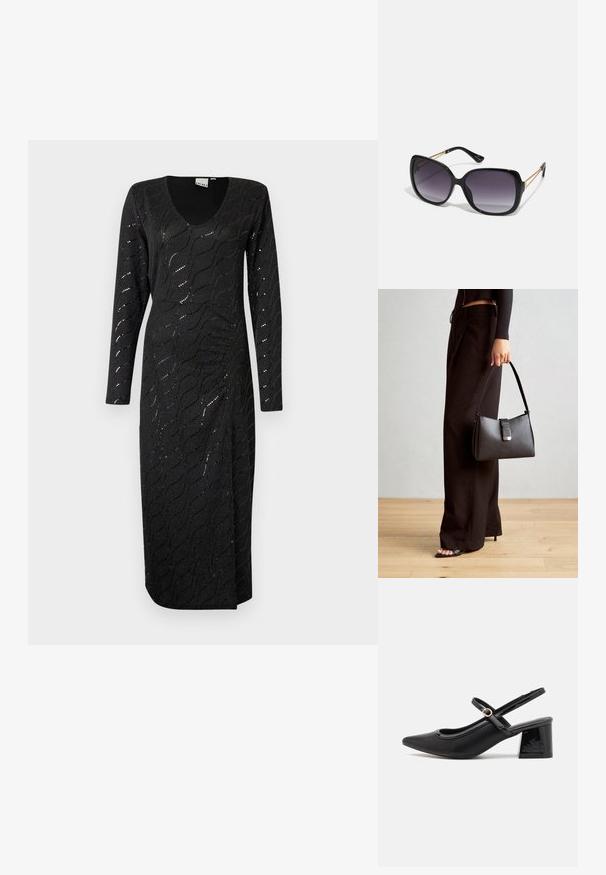 Black long-sleeve dress with a V-neck, featuring a textured wave pattern and subtle shimmer. Ankle-length with a side slit for ease of movement.; Black patent leather slingback heels with a pointed toe, a rounded cutout design, and a block heel. Features a gold-tone buckle accent.; Black oversized sunglasses with gradient lenses, thick frames, and gold-tone chain detailing on the temple arms.; Black handbag with structured shape, smooth texture, and a metallic clasp. Paired with wide black pants and open-toe sandals on wooden floor.