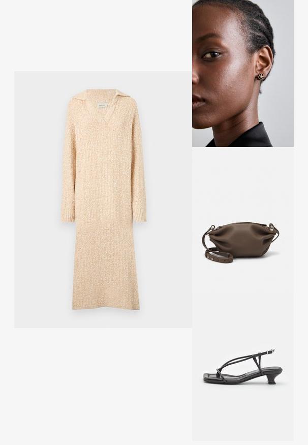 Rochie tricotată bej cu decolteu în V și guler, mâneci lungi și manchete cu nervuri. Textură moale cu un model ușor texturat pe întreaga suprafață.; Sandale negre din piele cu curele subțiri, toc mic pătrat și vârf pătrat. Prezintă o închidere cu cataramă și o textură netedă.; Geantă de mână din piele maronie, cu un design moale și structurat, având un sistem de închidere cu fermoar superior și o curea ajustabilă cu accente de hardware argintiu.; Cerceii cu studs florali de aur au un centru texturat de culoare neagră și detalii delicate. Pielea clară a modelului și părul împletit sunt vizibile în profil.