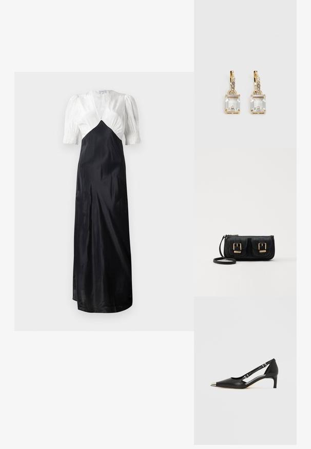 Duga haljina s bijelom satenskom korzetom i crnom satenskom suknjom, s naboranim rukavima i dubokim V izrezom. Glatka tekstura, elegantan dizajn.; Crni kožni kitten heel s nazubljenim srebrnim vrhom i dvostrukim remenčićima na bijeloj pozadini.; Crna kožna torba preko ramena s dva prednja džepa, zlatnim kopčama, zatvaranjem na zip i uskim remenom. Teksturirana površina i kompaktan pravokutan oblik.; Zlatne naušnice s pravokutnim, prozirnim kristalom koji visi ispod niza malih, okruglih prozirnih akcenata. Elegantni, moderni dizajn.
