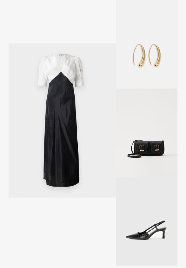 Ilga suknelė, turinti baltą satino liemenį ir juodą satino sijoną, su pūstomis rankovėmis ir giliu V iškirpimu. Lygi tekstūra, elegantiškas dizainas.; Juodai lakuoti slingback aukštakulniai su smailiu nosiu, su tekstūruotu gyvatės raštu, reguliuojama juosta ir trumpu, tekstūruotu blokiniu kulnu.; Juodas odinis per petį nešiojamas krepšys su dviem priekiniais kišenėmis, auksiniais sagtimis, užtrauktuko uždarymu ir siauromis petnešomis. Textūruota paviršius ir kompaktiškas stačiakampis formatas.; Auksinės metalinės auskarų kabės su lenktą, pailgą forma. Turi lygų, blizgantį paviršių ir užapvalintą galiuką papildomam akcentui.