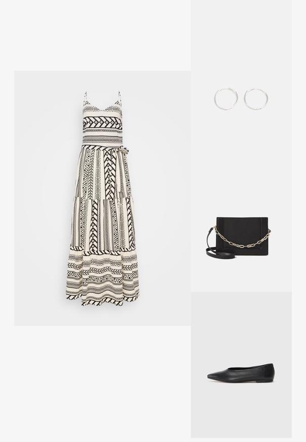 Fekete-fehér maxi ruha geometrikus mintákkal, állítható pántokkal, fazonra szabott felsőrésszel és egy laza, réteges szoknyával, amelyhez madzag is jár.; Fekete bőr balettcipő, hegyes orral, minimalista dizájn, sima textúra, alacsony sarkú, látható fémrész vagy díszítés nélkül.; Fekete bőr keresztpántos táska, sima textúrával, téglalap alakú és fém lánc részlettel az elején. Állítható pánttal ellátva.; Ezüst karika fülbevalók, letisztult, kerek formával, sima felülettel és látható díszítés nélkül. A átmérő nem megadott.