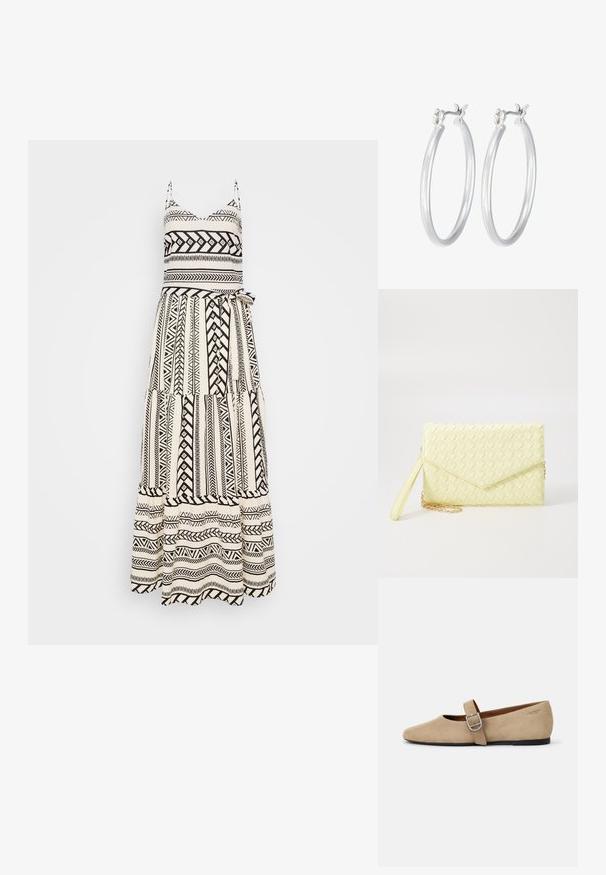 Maxi-jurk in zwart en wit met geometrische patronen, verstelbare bandjes, aansluitende lijfje en een vloeiende gelaagde rok met een strikceintuur.; Beige suède Mary Jane balletschoenen met een spitse neus en een enkele verstelbare band met een zilveren gesp. Zwarte platte zool.; Geel geweven clutch portemonnee met een flapontwerp, een afneembare polsband en een gouden kettingaccent. Gladde textuur en rechthoekige vorm.; Zilveren oorbellen in de vorm van een gladde, gepolijste ring. Ronde vorm met een veilige kliksluiting. Lichtgewicht ontwerp, geschikt voor dagelijks gebruik.