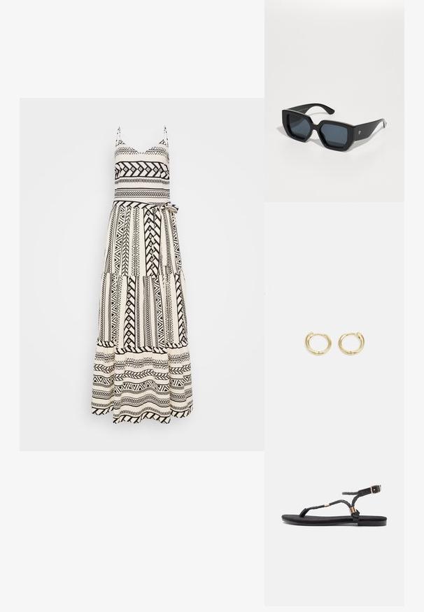 Maxi dress in black and white with geometric patterns, adjustable straps, fitted bodice, and a flowing tiered skirt with a tie belt.; Black flat sandals with braided straps and a metallic accent. Features an adjustable buckle and flat rubber sole for comfort.; Black oversized sunglasses with a geometric design, rectangular lenses, and glossy finish. No visible branding on the front.; Gold hoop earrings with a smooth, rounded design. Features a small hinge closure, lightweight appearance, and a polished finish.