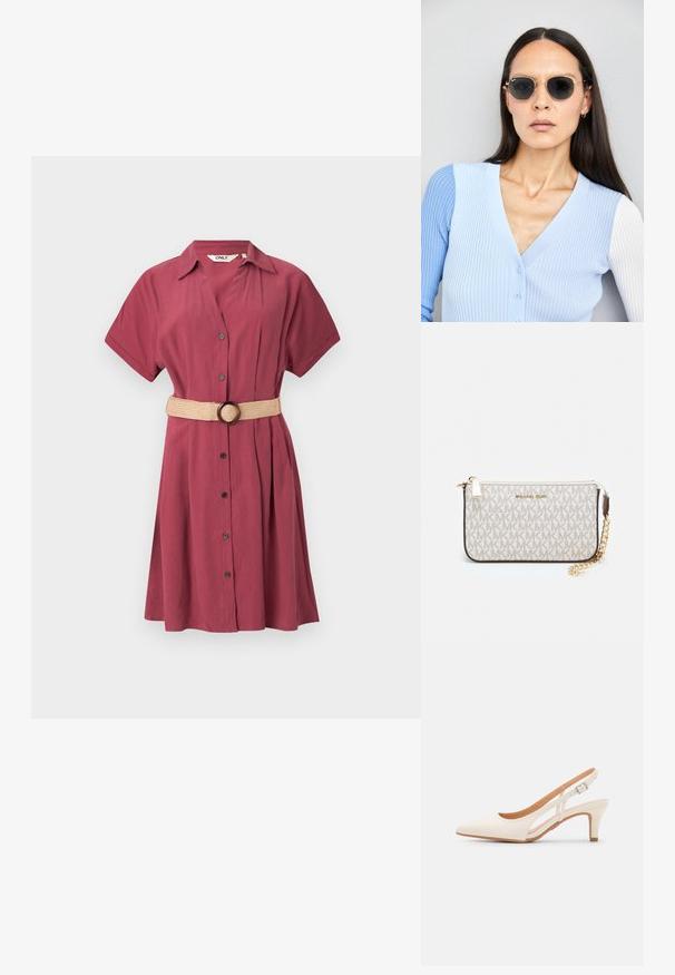 Bordová košeľová šaty s krátkymi rukávmi, gombíkovým zapínaním a skladmi. Obsahuje béžový pletený opasok s okrúhlou sponou. Hladká, ľahká látka.; Biele slingback topánky na podpätku s ostrou špičkou, hladkým vrchným materiálom, nízkym blokovým podpätkom a bočným výrezom s nastaviteľným remienkom na pracku.; Okrúhle slnečné okuliare s tmavými šošovkami a zlatým rámom. Modelka má na sebe svetlomodrý pletený kardigán s gombíkmi a bielymi rukávmi v kontraste.; Michael Kors zápästná taška v béžovej potiahnutej plátenej tkanine s opakujúcim sa vzorom loga MK, zlatým kovania a odnímateľným reťazovým popruhom.