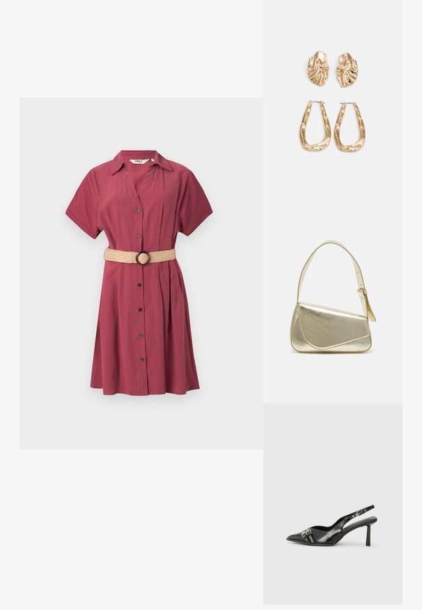 Bordo krekla kleita ar īsām piedurknēm, pogu priekšu un krokām. Komplektā ietilpst bežs izsvītrots josta ar apaļu sprādzi. Gluda, viegla auduma.; Melnā patentēta ādas sandale ar norādītu purngalu, potītes siksniņām ar sudraba sprādzēm un aparatūru, kā arī smalku papēdi.; Zelta metāla somiņa ar strukturētu dizainu, gludu tekstūru un regulējamu siksniņu. Iezīmējas ar unikālu trīsstūrveida formu un minimālistisku šuvumu.; Zelta krāsas auskari ar teksturētām, viļņotām formām. Iekļauts skulpturāls piespraužams modelis un atvērta gredzenveida konstrukcija ar izsistām virsmām.